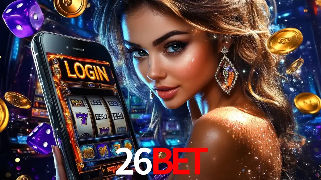 Mulher glamorosa segurando um smartphone com a tela de login para os jogos de caça-níqueis do cassino online 26bet, com moedas de ouro e dados ao redor.