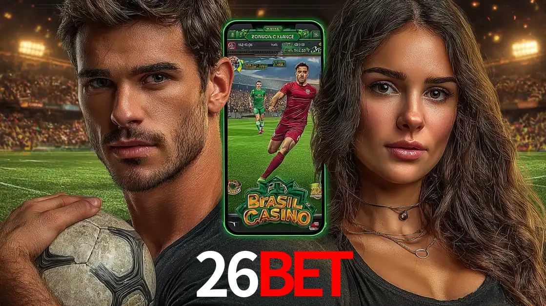 Homem segurando uma bola de futebol e uma mulher ao lado de um smartphone exibindo o jogo de apostas esportivas da 26bet. Faça seu palpite no cassino online.
